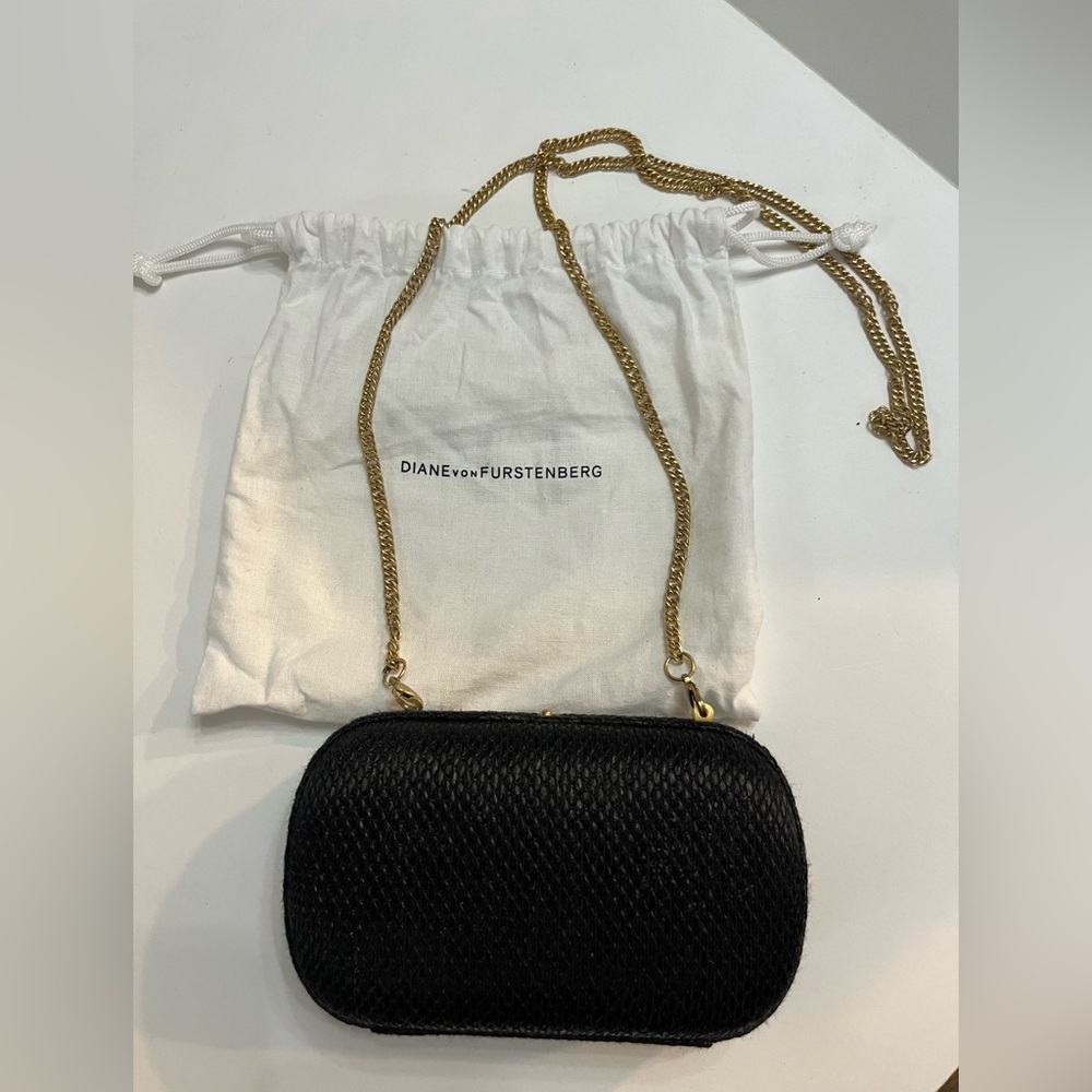 Diane Von Furstenberg Black Woven Clutch with Gold Chain